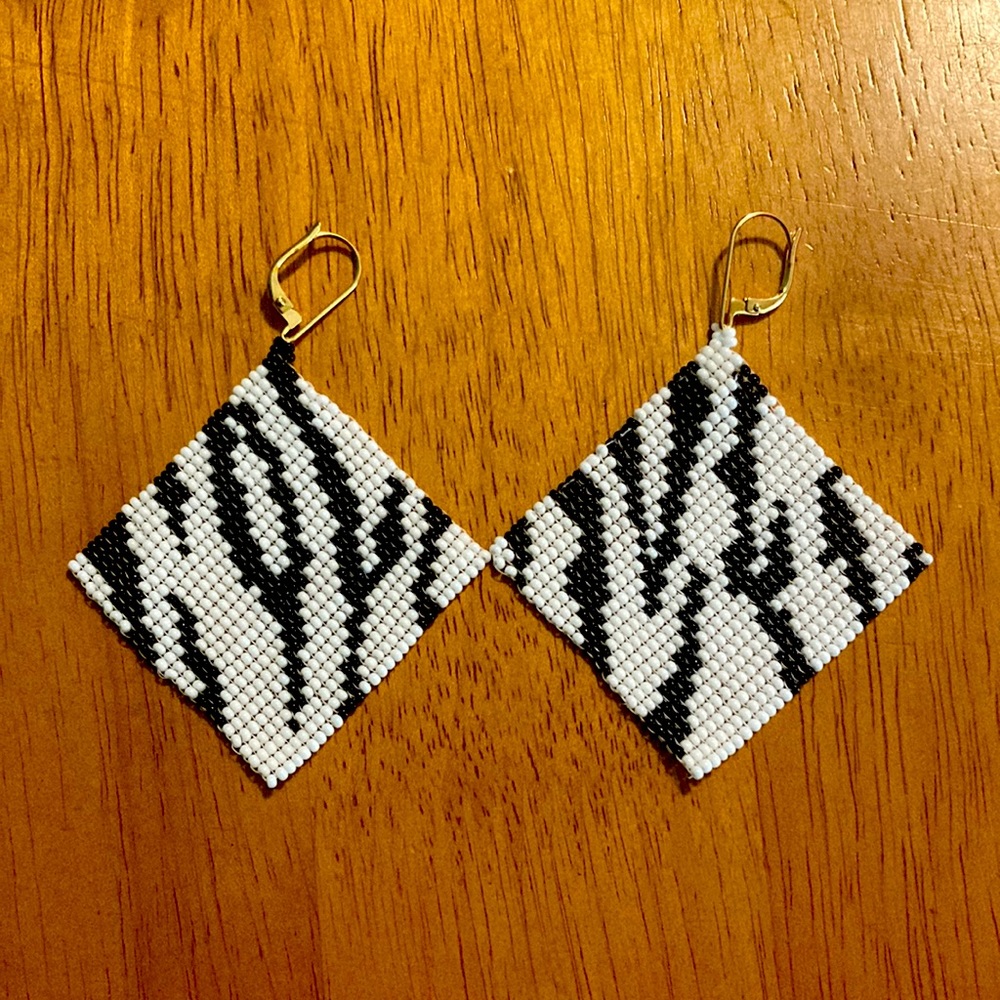 Hand beaded zebra print earrings